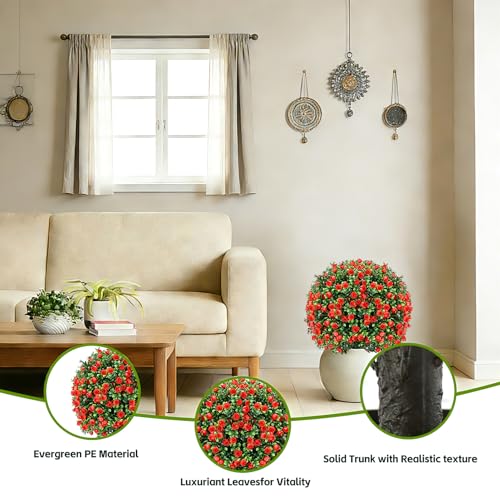 Artificial Red Eucalyptus Topiary Ball Tree (2-Pack) - 20" with Ground Spike for Faux Shrubs, Fake Evergreen Faux Plant for Indoor Outdoor Garden -UV Resistant–Fade-Proof - color: 2pcs-ground Cutting-red Rose