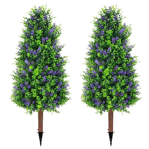 Sunnyglade 2 Packs 27.5" Artificial Lavender Tree, Fake Lavender Shrub Bushes Trees with Spike Faux Topiary Plants Tree for Indoor, Garden, Yard, Porch, Patio Decor - color: Purple