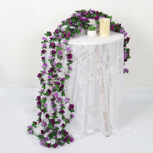 KHOYIME 5 Pack 40 FT Artificial Flower Garland, Fake Purple Roses Vines Silk Flowers Faux Plastic Outdoor Hanging Floral Ivy Garland Decoration for Wedding Arch Bedroom Home Wall Backdrop Room Decor - color: Purple, size: 5pcs