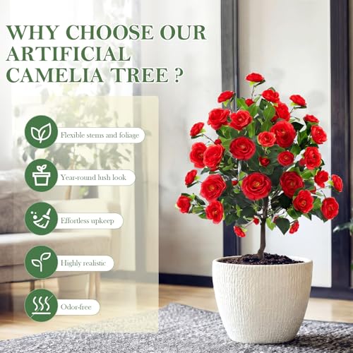 Lunmon 2 Pack 4ft Artificial Camellia Plants Tree Without Vase 48" Faux Camellia Flower with Spike UV Resistant Realistic Fake Floral Blooming Bush for Outdoor Front Door Porch Backyard Garden, Red - color: Red, size: 4 ft