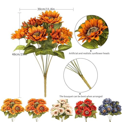 Artificial Sunflower Bouquet, 9 Heads, Silk Fabric with Iron Stems, Vintage Fall Style, Indoor Outdoor Wedding Party Home Garden Decor (Blue) - color: Blue