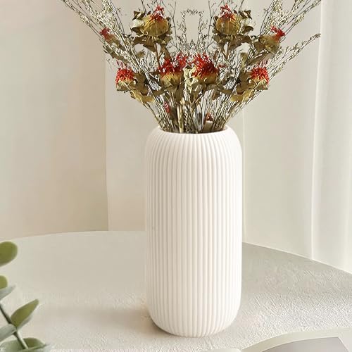 Ceramic Vase for Flowers – Modern Small Ribbed Textured Flower Vase for Home Decor, Pampas Grass, Decorative, Farmhouse, Coffee Table, Kitchen Centerpieces, Bookshelf and Home Living (XL White) - color: Tall White