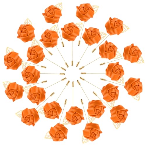 M METERXITY 48-Pack Flower Lapel Pins for Men, Golden Leaf Rose Boutonnieres Pin Groom Boutonnieres for Wedding/Dance/Party, Men Lapel Pins for Suits Satin Flower Corsage [Orange] - color: Orange