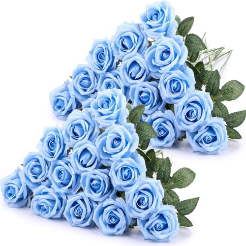 Hotop 40 Pcs Rose Artificial Flowers Bulk with Long Stem,Realistic Silk Fake Roses Bouquet for Home Wedding Centerpieces Party Table Decoration Valentines Gifts(Light Blue) - color: Light Blue