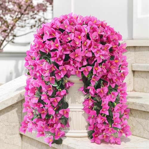 ATTGREAT Artificial Bougainvillea for Outdoors Faux Plants UV Resistant Flowers Fake Plastic Plants Realistic Silk Flowers for Porch Planter Garden Outside Hanging Decoration, 2Pcs (Purple Red) - color: Purple Red