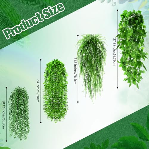 Daifunli 8 Pcs Artificial Hanging Plants Fake Hanging Ferns Plastic Faux Plants for Wall Room Garden Garland Indoor Outdoor Decor No Basket (Boston,Eucalyptus,Ivy Vine,String of Pearls) - style: Boston, Eucalyptus, Ivy Vine, String of Pearls