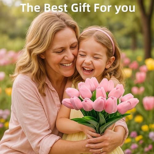 20 Pcs Tulips Artificial Flowers, 13.5'' Real Touch PU Fake Flowers Bouquet for Home Party, Spring Wedding Floral Arrangement, Valentine's, Easter and Mother's Day Decor (Light Pink) - color: Light Pink