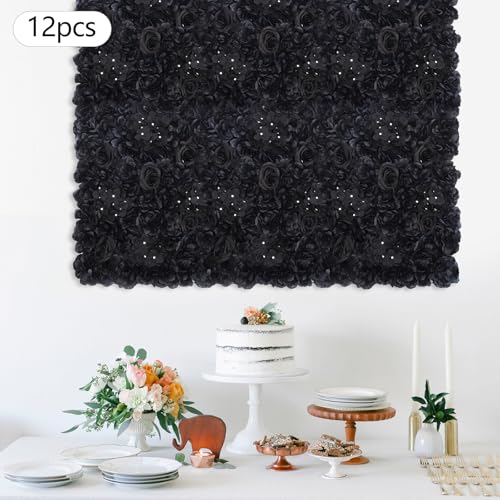 12 Pcs Artificial Flower Wall Panels Silk Dahlia Rose 3D Faux Flower Backdrop Panels Background Decorative for Wedding Celebrations Festive Party Home, 23.62 * 15.74in (Black-2) - color: Black-2