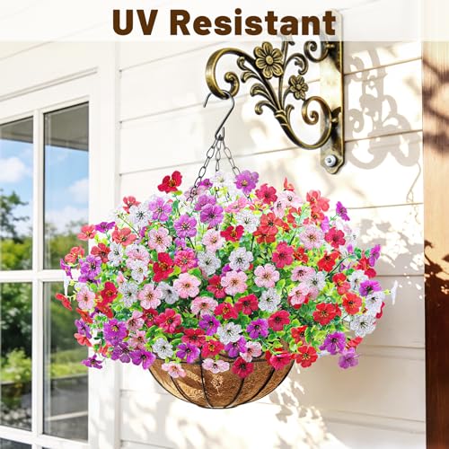 2 Pack Artfiticial Hanging Flowers Baskets for Outdoors, UV Resistant Faux Hanging Plants, 24 Pcs Fake Silk Flowers for Patio Garden Front Porch Balcony Decor (Mix 4 Colors) - color: Mix 4 Colors