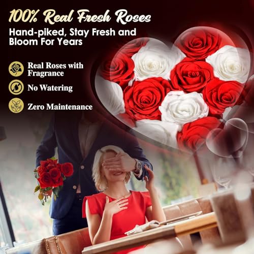 ADDWel Preserved Real Red and White Roses Bouquet for Her Anniversary, Mothers Day Flower Gifts for Women, 16-Pieces Eternal Roses that Lasts for 3 Years in Heart-Shape Box for Wife Girlfriend Mom - color: Red & White - 16 Roses