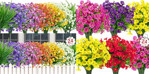 Ouddy Decor 48 Bundles Artificial Flowers for Outdoors UV Resistant Fake Plastic Plants Faux Boston Fern Greenery Stems for Spring Summer Indoor Garden Patio Window Box Kitchen Home Decor, Mixedcolor