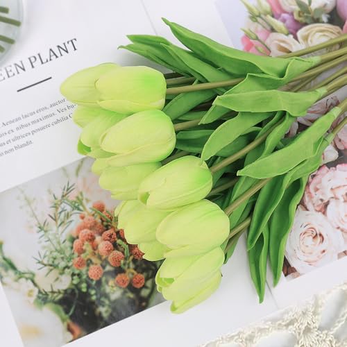Beferr 18pcs Tulips Artificial Flowers Faux Tulip Real Touch Fake Flowers Bouquets Arrangements for Easter Spring Flowers Home Table Decor Green - color: Q-18pcs-1colors-green, size: 18PCS