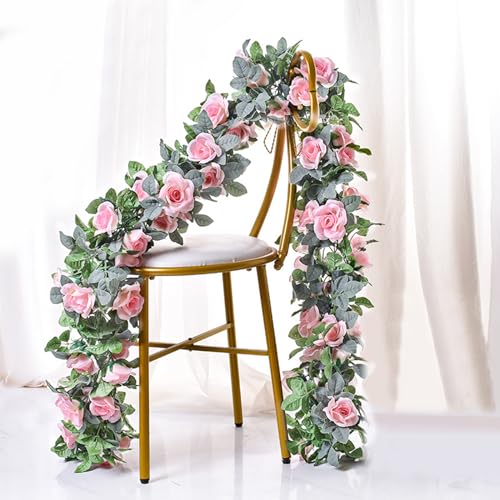 Flower Garland Rose Vine 4Pcs 28FT Artificial Floral Garland with Green Leaves Hanging Rose Vine for Wedding Party Garden Home Wall Decor (Light Pink) - color: Light Pink