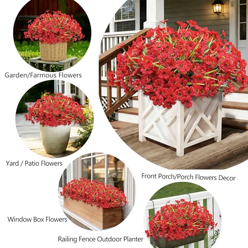 20 Bundles Artificial Flowers for Outdoors, UV Resistant Fake Flowers with Plastic Plants, Faux Silk Flowers for Planter outdoors, Fake realistic flowers For Window Box Front Porch Patio Decor-Red - color: Red