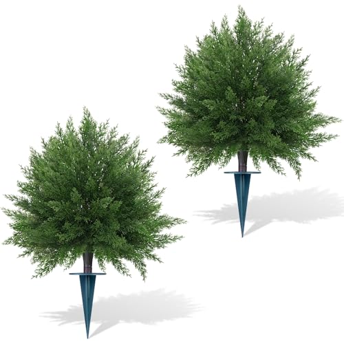 Yangrass Artificial Cypress Topiary Ball Trees 23" with Ground Spike, 2 Pack Fake Shurbs Artificial Bushes for Outdoors, UV Resistant Faux Evergreen Plants for Indoor Front Porch Garden - color: 3d Cedar