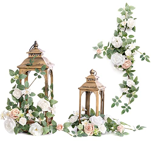 Ling's moment 6Pack 1.8ft Artificial Flower Garlands White Rose Lantern Flower Arch Floral Centerpieces Wedding Aisle Chair Flowers for Signs Table Window Cake Decoration（not Including Lanterns） - color: Wht-white & Sage