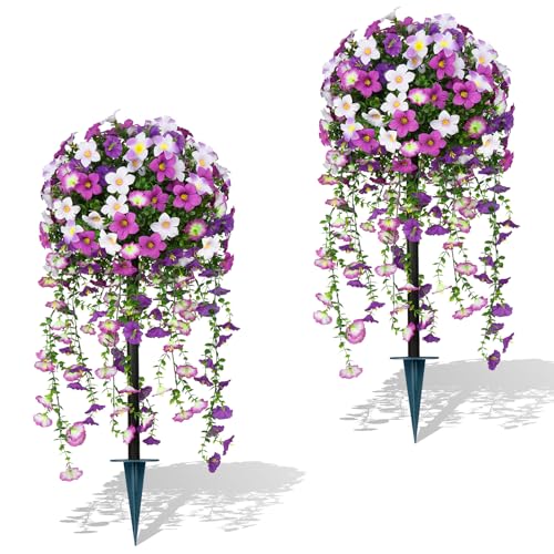 Yangrass Artificial Topiary Ball Trees with Purple Morning Glory Flowers, 3FT Artificial Bushes Faux Outdoor Plants Set of 2 with Ground Spike, UV Resistant Fake Shrubs for Front Porch Garden - color: Purple Morning Glory