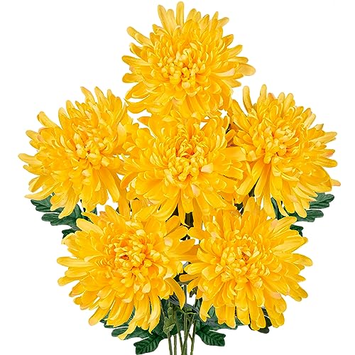 Briful 6 Pcs Yellow Artificial Mums for Outdoors Fall – 25.6’’ Long Stem Faux Chrysanthemums, Large 6’’ Silk Fall Flowers for Wedding Bouquets, Centerpieces, Porch Décor, Indoor Home Decoration - color: Yellow