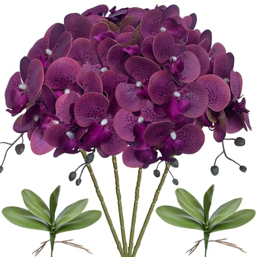 FagusHome 32" Artificial Phalaenopsis Flowers 4 Pcs with 2 Bundles Leaves Artificial Orchid Flowers Stem Plants Fake Butterfly Phalaenopsis Flowers for Home Wedding Party Décor (Purple Piebald) - color: Purple Piebald