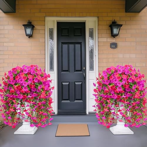 Dolicer 2 Packs Look Real Artificial Flowers for Outdoors, Fake Artificial Hanging Flowers for Outdoors Realistic UV Resistant Faux Hanging Flowers Silk Petunia for Porch Patio (Fuchsia+Rose Red) - color: Fuchsia+rose Red, size: 2 packs