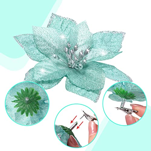 Geosar 100 Pcs 3 Size Christmas Poinsettia Flowers with Clips Glitter Artificial Flowers Small Christmas Tree Ornaments Faux for Xmas Party DIY Craft Wreath Garland New Year, 3/4/6 Inches(Mint Green) - color: Mint Green