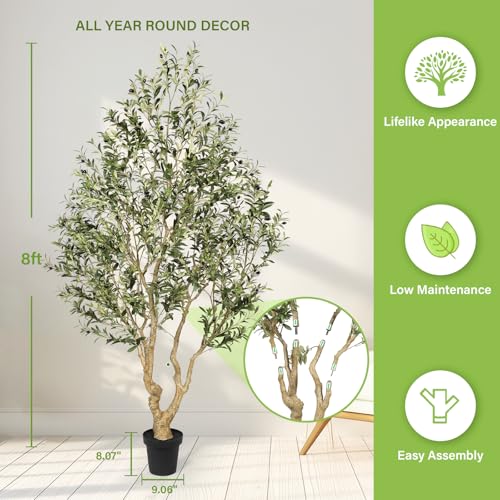 FEELEAD Faux Olive Tree 8ft, Tall Olive Trees Artificial Indoor with Natural Looking Trunk and Lifelike Fruits, Large Fake Olive Tree for Modern Home Office Decor - size: 8ft
