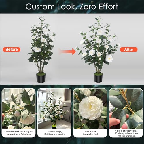 2Pack 39.37"/3.28FT Artificial Camellia Trees with 32 Flowers in Cement Pots – Lifelike Fake Trees for Front Porch, Home, Indoor Outdoor Spring Decor, Office or Housewarming Gifts (White) - color: White, size: 39.37 inchx2