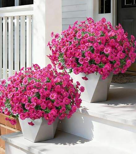 Ivydale 24 Bundles Artificial Flowers for Outdoors Faux Plants Spring Outdoor Decor Faux Silk Morning Glory with Eucalyptus Realistic UV Resistant for Outside Planters Porch Patio Garden Home Decor - color: Fuchsia