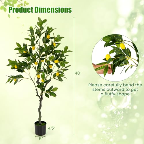 Goplus Artificial Lemon Tree, 48" Tall Fake Lemon Plant, Pre Potted Faux Lemon Tree with Cement Pot, Plastic Lemon Fruit Tree for Home Decor Living Room Office