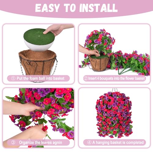 INXUGAO Artificial Flowers with Hanging Basket, Outdoor Faux Plants Silk Morning Glory Vines, Fake Green Arrangement for Garden Patio Spring Summer Decor(4pcs,Hot Pink Purple) - color: Hot Pink Purple