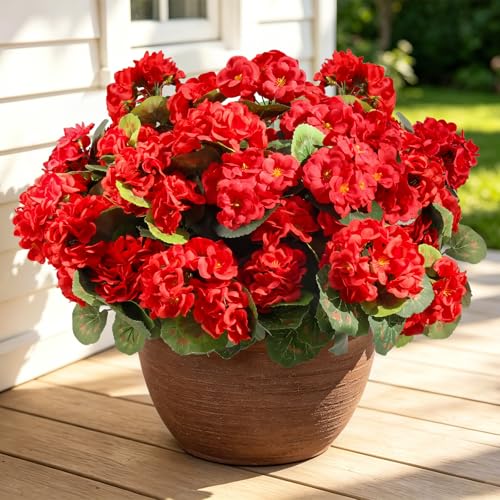 12 Bundles Artificial Geranium Fake Flowers for Outdoor UV Resistant, Outside Spring Red Flower Decoration for Home Kitchen Table Cemetery Garden Planter, Front Door Silk Faux Plants - color: Red, size: 12ps