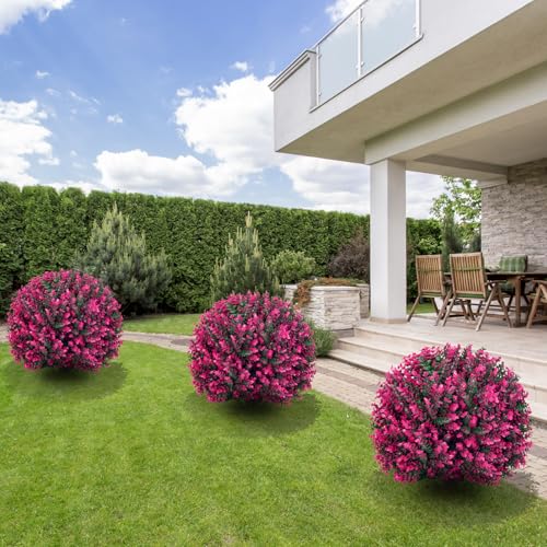 24" Artificial Pink Eucalyptus Topiary Ball Tree Set of 2, UV Resistant Fade-Proof Faux Evergreen Shrubs, Realistic Fake Plant for Indoor Outdoor Garden Patio Front Porch Landscaping - color: Pink Eucalyptus