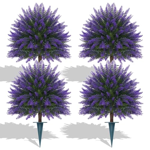 Artificial Lavender Topiary for Outdoors 4 Set of 16'' UV Resistant Evergreen Fake Shrubs Bushes with Ground Spike Topiary Ball Faux Plants for Outdoor Indoor Front Porch Garden - color: 4pcs Lavender