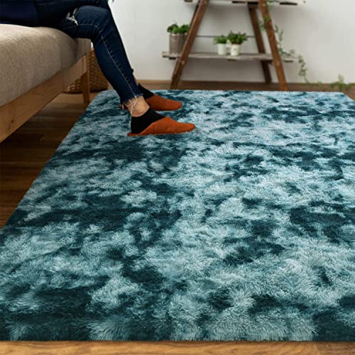 DweIke Fluffy Peacock Blue Rugs for Bedroom Living Room, 3x5 Feet Soft Plush Shaggy Tie-Dyed Teal Blue Girls Boys Kids Rug, Upgraded Non-Slip and Machine Washable Carpet for Dorm Nursery Decor - color: Peacock Blue, size: 3 Ft X 5 Ft