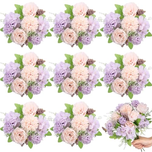 Lyrow 8 Pcs Peony Artificial Flowers Fake Silk Hydrangea Bouquet Elegant Peony Flowers for Wedding Decoration Faux Realistic Floral for Home Party Table Centerpieces Arrangement (Pink,Purple) - color: Pink, Purple