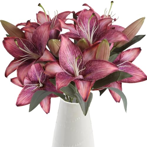 Fake Flowers Pink Silk Lily Flowers 6PCS Realistic Pink Flowers Artificial Lilies Vintage Tiger Lily Artificial Flowers for Vase for Wedding Bouquet Bridal Shower Party Home Decor - color: 6pcs-pink
