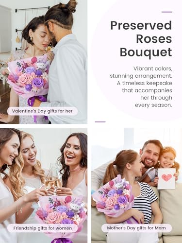 Polylove Preserved Flowers for Delivery Prime Forever Flowers Bouquet with Bear Flower Gift for Wife Women Birthday