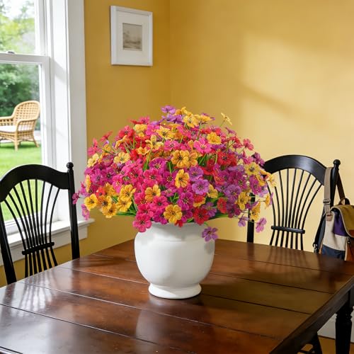 Ammyoo 24 Pcs Artificial Fake Flowers for Outdoor Spring Decoration, Faux Flowers No Fade UV Resistant Silk Flower Plants for Outside Garden Yard Porch Patio Balcony Indoor Decor(5 Colors) - color: Mix（red, Purple, Yellow, Rose Red, Fuchsia)