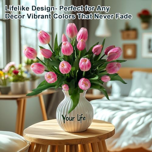 Bailikang 20PCS Fake Tulips 12' Artificial Tulip Silk Flowers Fake PU Bouquet Artificial Flowers Faux Flowers with Gift Box Soft Faux Tulips Bouquets Arrangements for Party Wedding Home - color: Pink