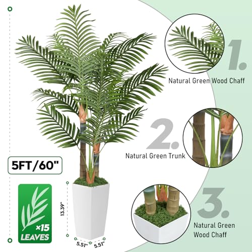 5ft Artificial Palm Tree Indoor Plant，Triple Faux Tropical Areca Floor Plant in Pot，Artificial Plants with Lifelike Leaves for Home Office Decor - color: White, size: 5ft