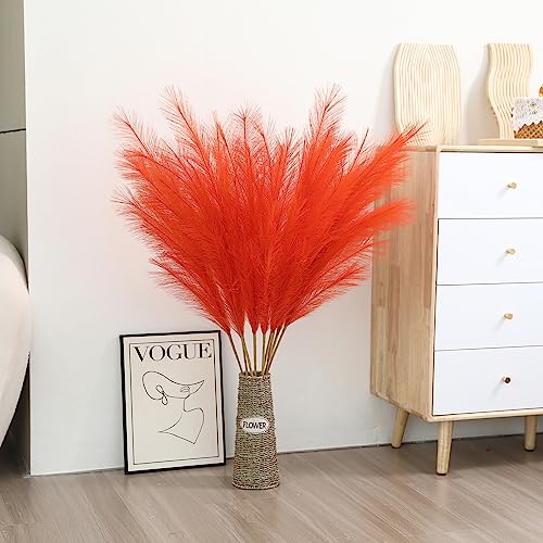 Wertuirk Orange Pampas Grass Decor- 45-Inch Set of 8 | Tall Faux Pampas Grass Soft and Fluffy | Large Artificial Pompas Floral | Perfect for Living Room, Office and Wedding Party Centerpieces - color: Orange