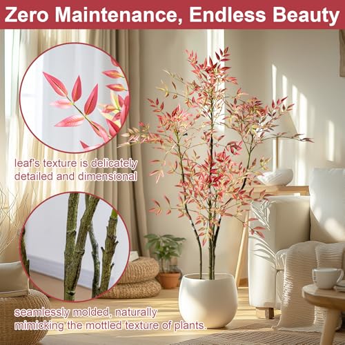 4.6ft Faux Bamboo Tree Artificial Nandina Tree Artificial Indoor Plants Realistic Fake Potted Tree with 800+ Leaves, Cement Planter - Home Office Decor Perfect for Housewarming Gift No Planter - color: Red, size: 4ft 7in