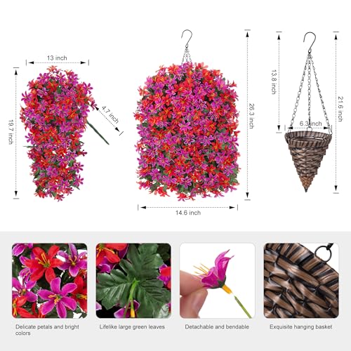 Hoppwodd Artificial Flower for Outdoors 4pcs Fake Lily Hanging Flower Baskets for Outside UV Resistant Silk Faux Long Trailing Vines for Garden Porch Patio, Fuchsia & Red - color: Fuchsia & Red