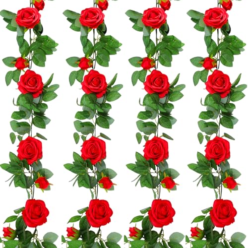 4p Red Artificial Rose Vine,Rose Garland,Pink Flower Vines for Decoration, Wedding, Garden, Wall Decoration,Backdrop,Bedroom,Birthday Party - size: Red - 4 pcs