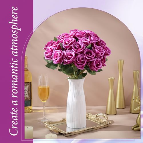 Hotop 40 Pcs Rose Artificial Flowers Bulk with Long Stem,Realistic Silk Fake Roses Bouquet for Home Wedding Centerpieces Party Table Decoration Valentines Gifts(Purple) - color: Purple