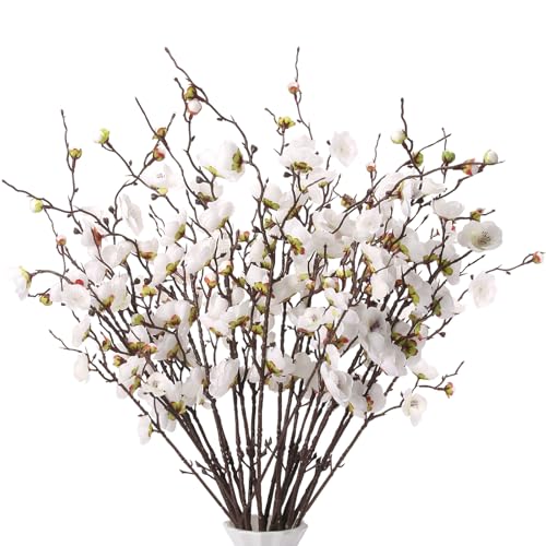 20pcs White Cherry Blossom Branches Artificial Flowers for Winter Spring Indoor Decoration, 22" Plum Fake Peach Plants for Wedding Home Office Bedroom Party Decor (White, 22in) - color: White, size: 22in