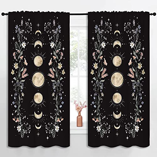 Boho Yellow Floral Wildflower Rod Pocket Blackout Curtains for Bedroom,Moon Phase Moonlit Garden Witchy Gothic Aesthetic Energy Efficient Home Window Drapes for Living Room Noise Reducing,55x63in - color: Boho Yellow Floral Wildflower-006, size: 55"W x 63