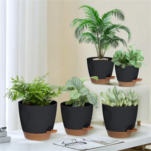 Self Watering Plant Pots with Drainage & Saucers, 5-Pack 7/6.5/6/5.5/5 in - Plastic Flower Pots for Indoor Plants, Succulents & Herbs, Planters for Indoor Outdoor & Balcony (Black) - color: Black