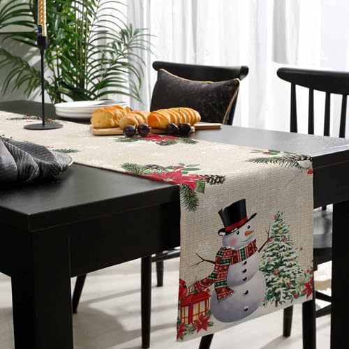 Christmas Snowman Poinsettia Table Runner-Cotton Linen-90 Inch Holiday Dresser Scarves, Floral Eucalyptus Swirls Snowflake Tablerunner for Kitchen Coffee/Dining Bedroom Living Room Dinner Scarf Décor - color: Christmas, size: 13x90 Inch