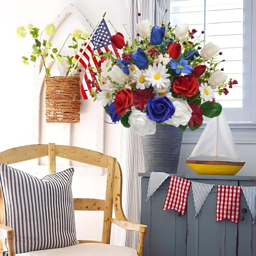 8PCS Patriotic Artificial Flowers Mixed Bush Red White Blue Rose Tulip Flowers Memorial Day Flower Bouquet for 4th of July Independence Day Grave Home Table Decoration